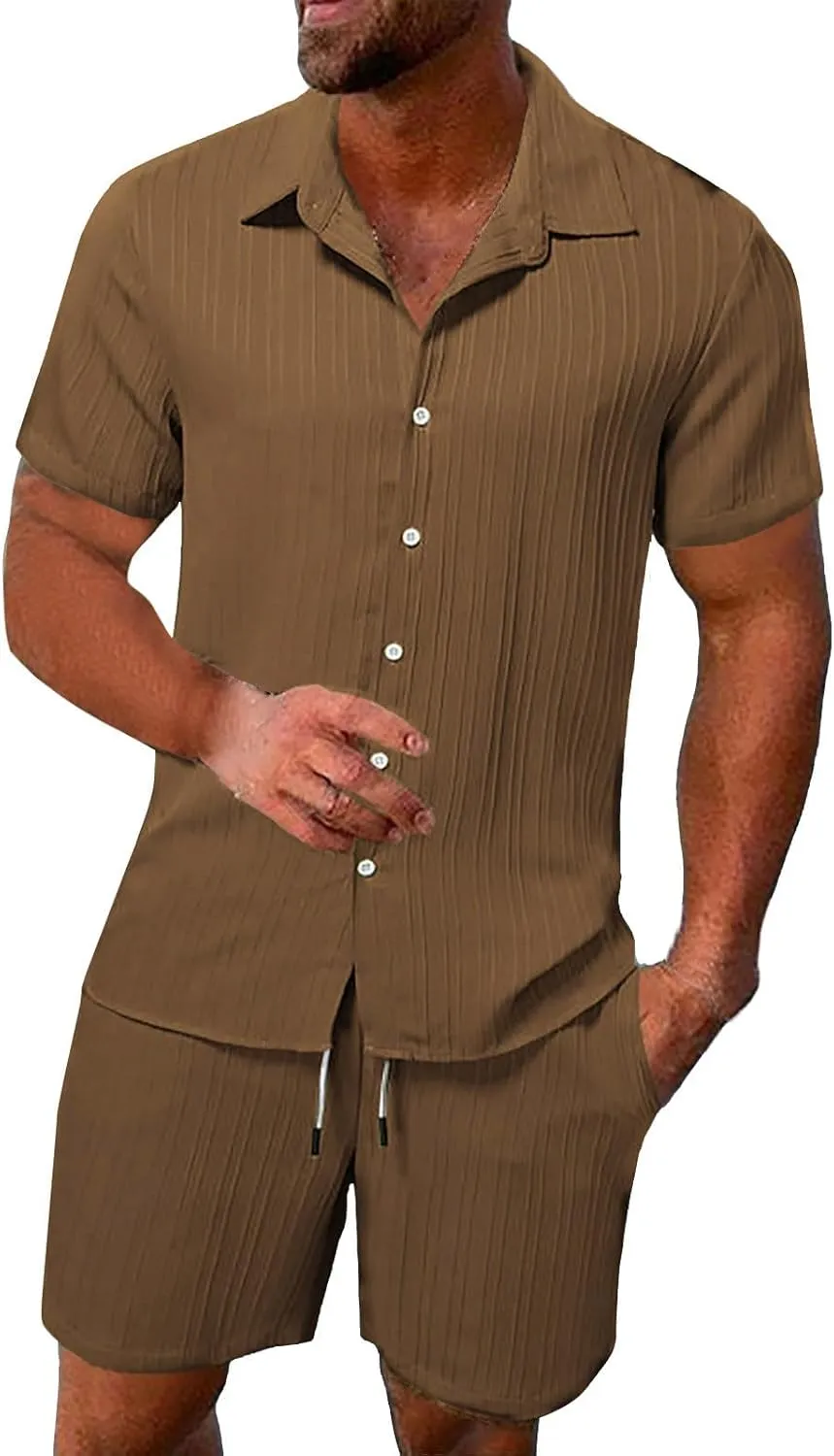 Mens Beach Outfit 2 Piece Set Casual Short Sleeve Button UpTextured Shirt Shorts Suit Summer Hippie Holiday Tee Sets
