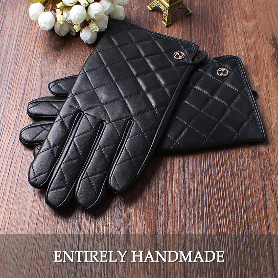 Nappaglo Men's Genuine Nappa Leather Quilted Stitch Winter Gloves Touchscreen Driving Mittens with Long Fleece Lining