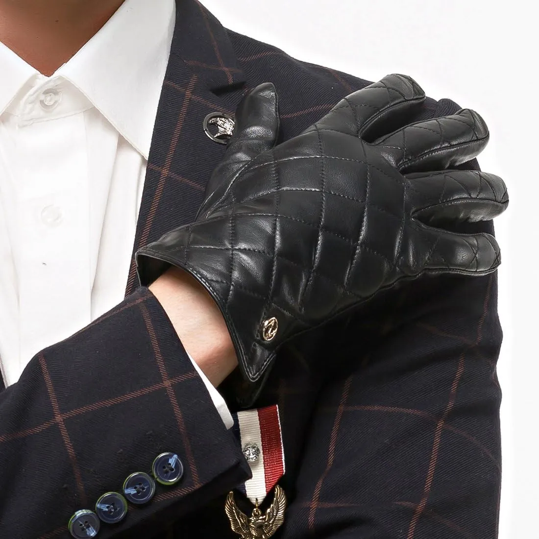 Nappaglo Men's Genuine Nappa Leather Quilted Stitch Winter Gloves Touchscreen Driving Mittens with Long Fleece Lining