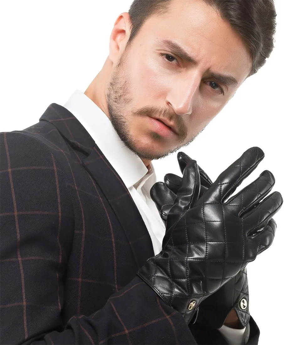 Nappaglo Men's Genuine Nappa Leather Quilted Stitch Winter Gloves Touchscreen Driving Mittens with Long Fleece Lining