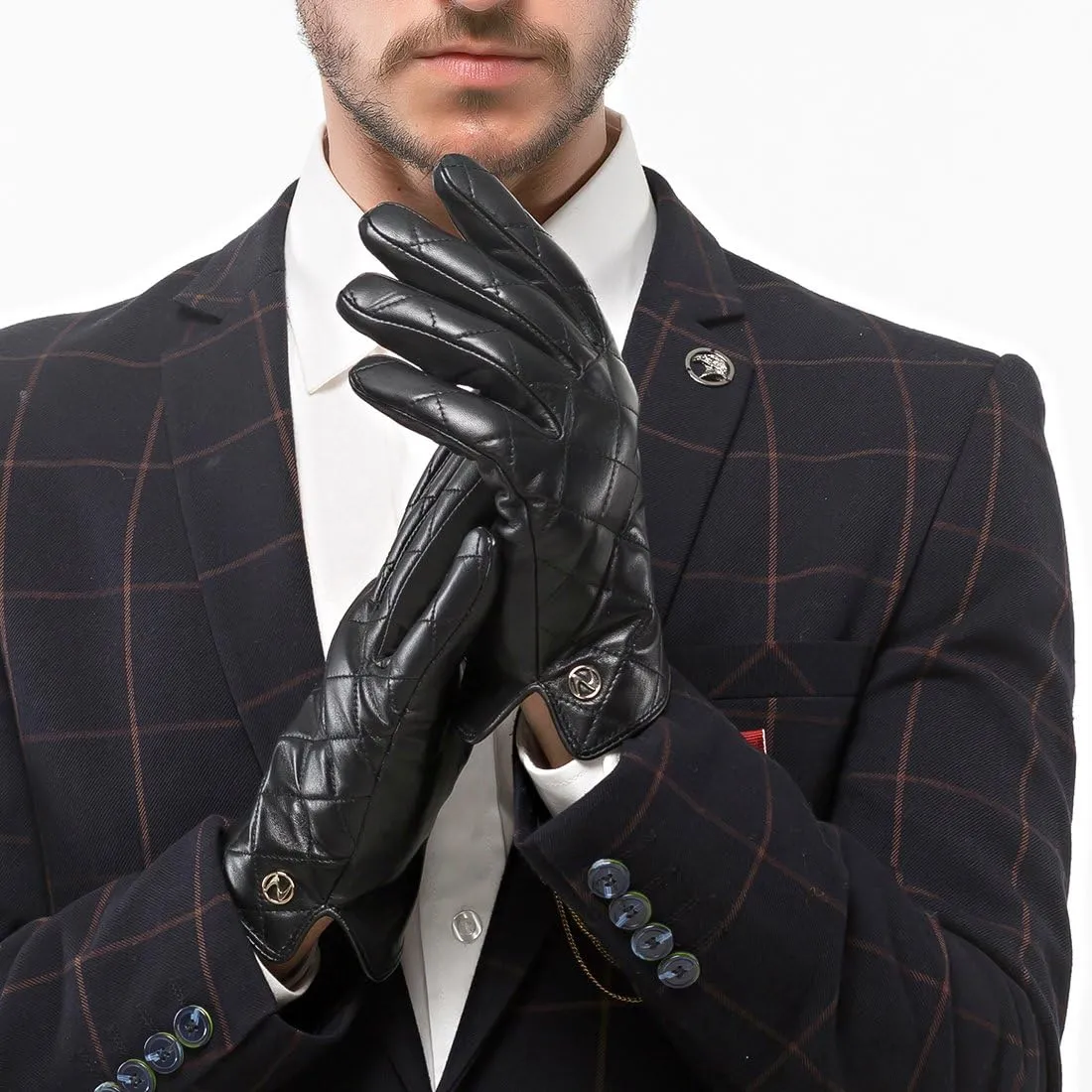 Nappaglo Men's Genuine Nappa Leather Quilted Stitch Winter Gloves Touchscreen Driving Mittens with Long Fleece Lining