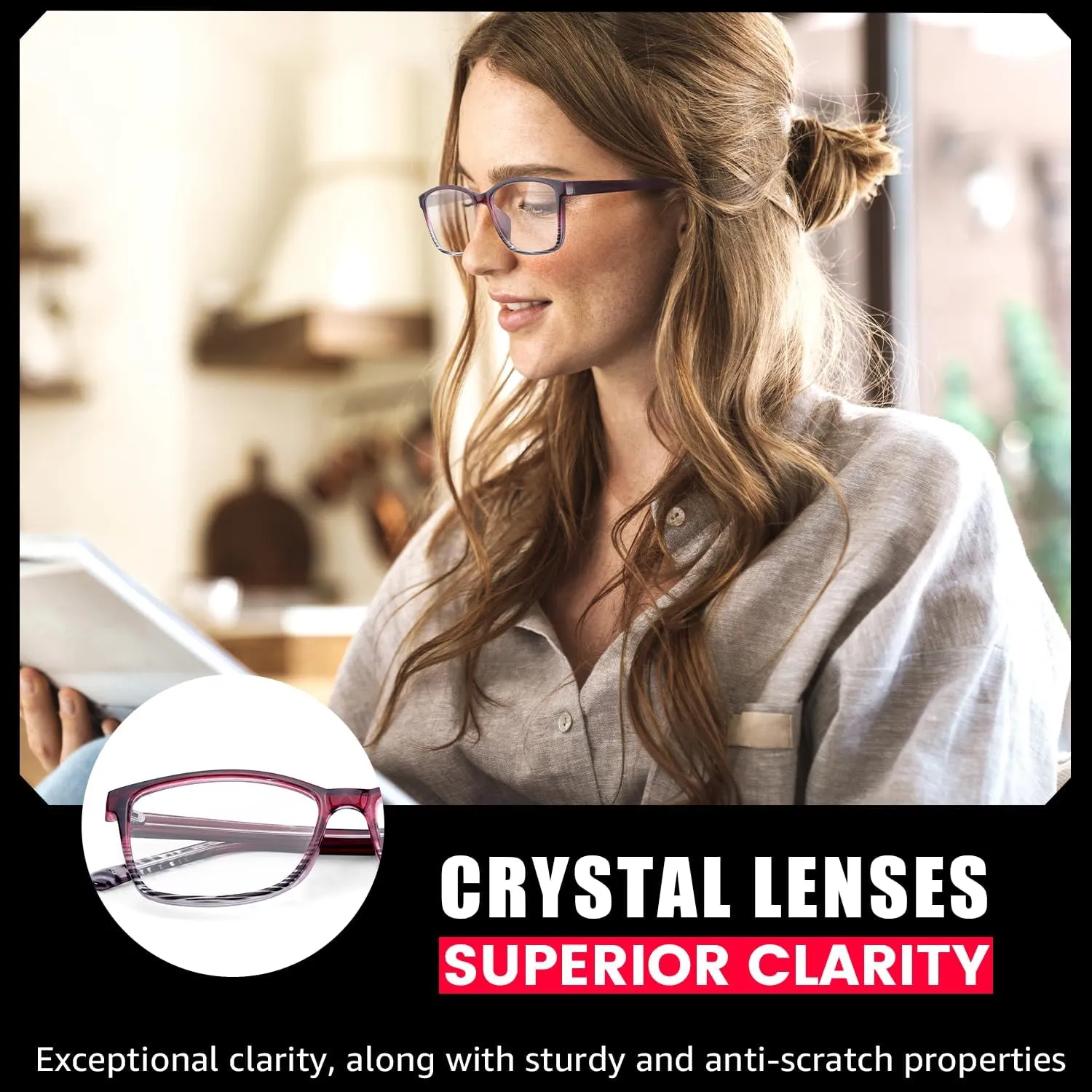 Natural Crystal Stones Lenses Reading Glasses with Clear Real Glass Lenses Blue Light Blocking & UV Protection IF5189
