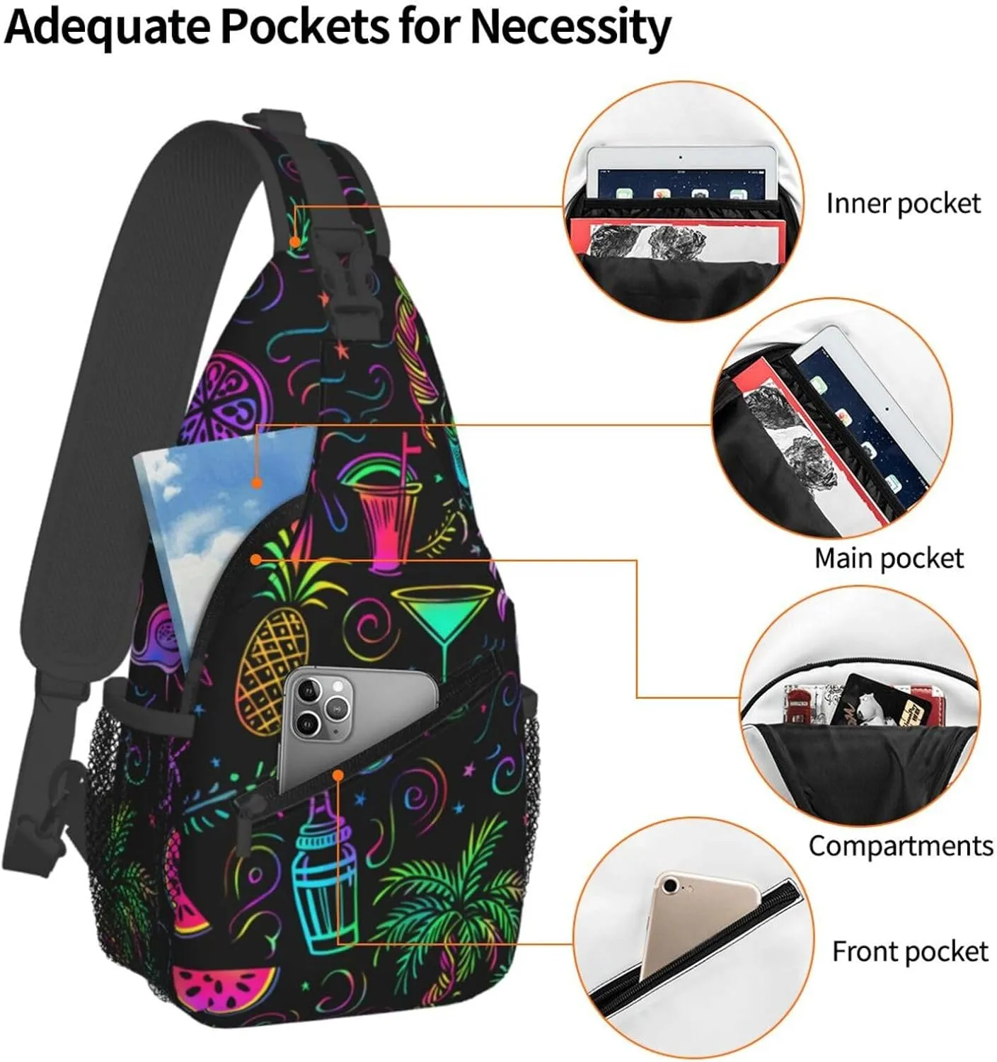 Neon Party Theme Outdoor Crossbody Shoulder Bag For Unisex Young Adult Hiking Bicycling