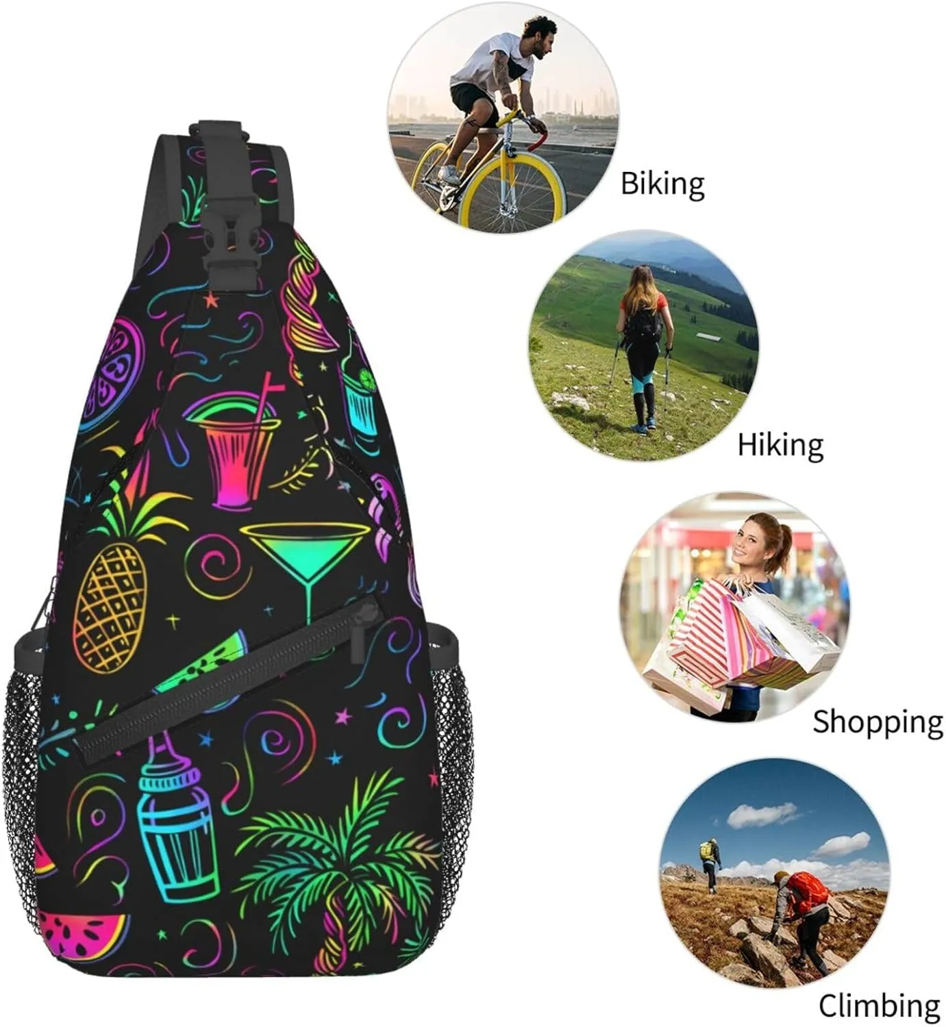 Neon Party Theme Outdoor Crossbody Shoulder Bag For Unisex Young Adult Hiking Bicycling