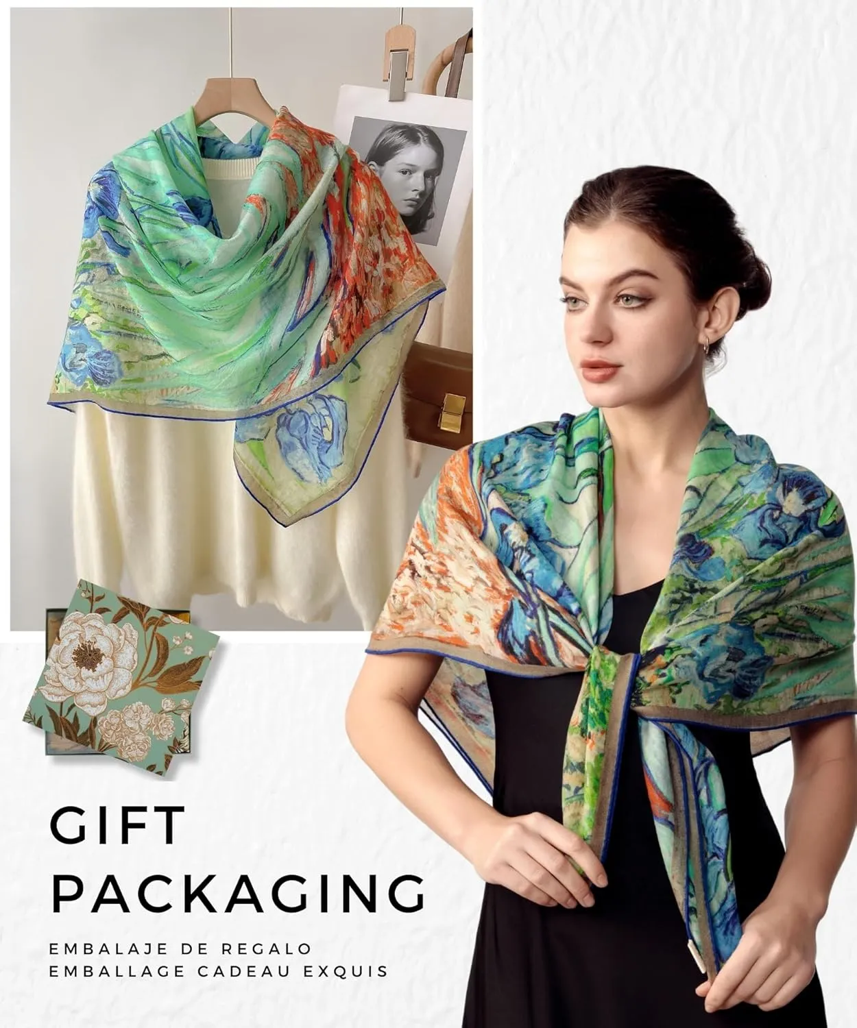 PoeticEHome 100% Cashmere Scarf Wrap  Ultra Soft Large Square Shawl for Women, Artistic Painting Design | Luxury Gift Box