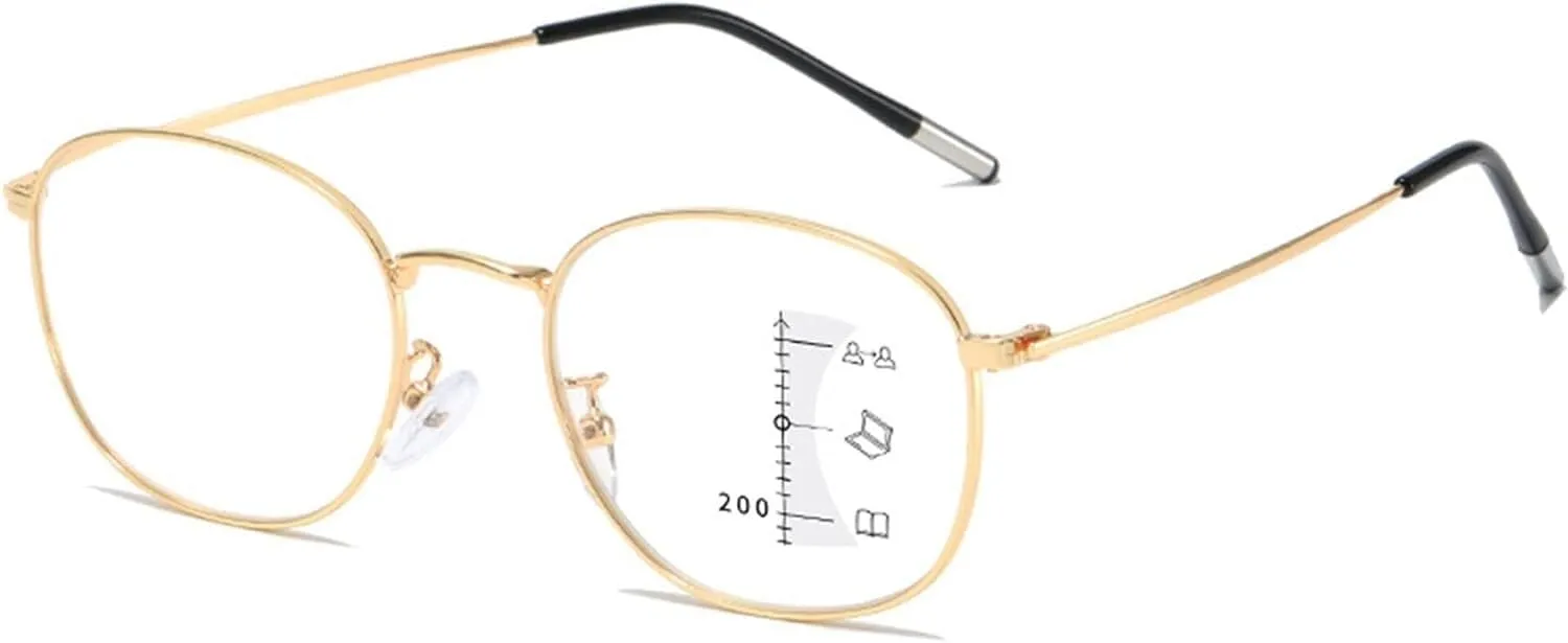 Progressive Multifocus Reading Glasses Round Metal Thin Frame Blue Light Blocking Computer Readers Ultralight Flexible Titanium Multifocal Eyeglasses for Women Men ( Color : Gold , Size :  100 degree
