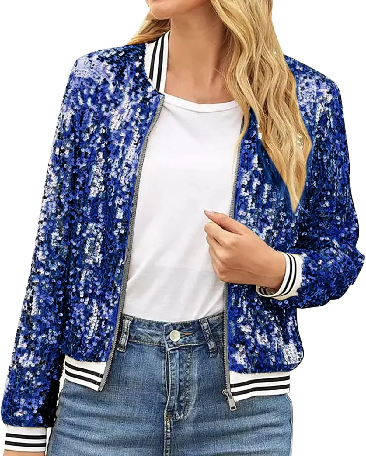 Sequin Bomber Jacket for Women Casual Long Sleeve Zip Up Cardigan Top Shiny Sparkle Mardi Gras Party Festival Outfits