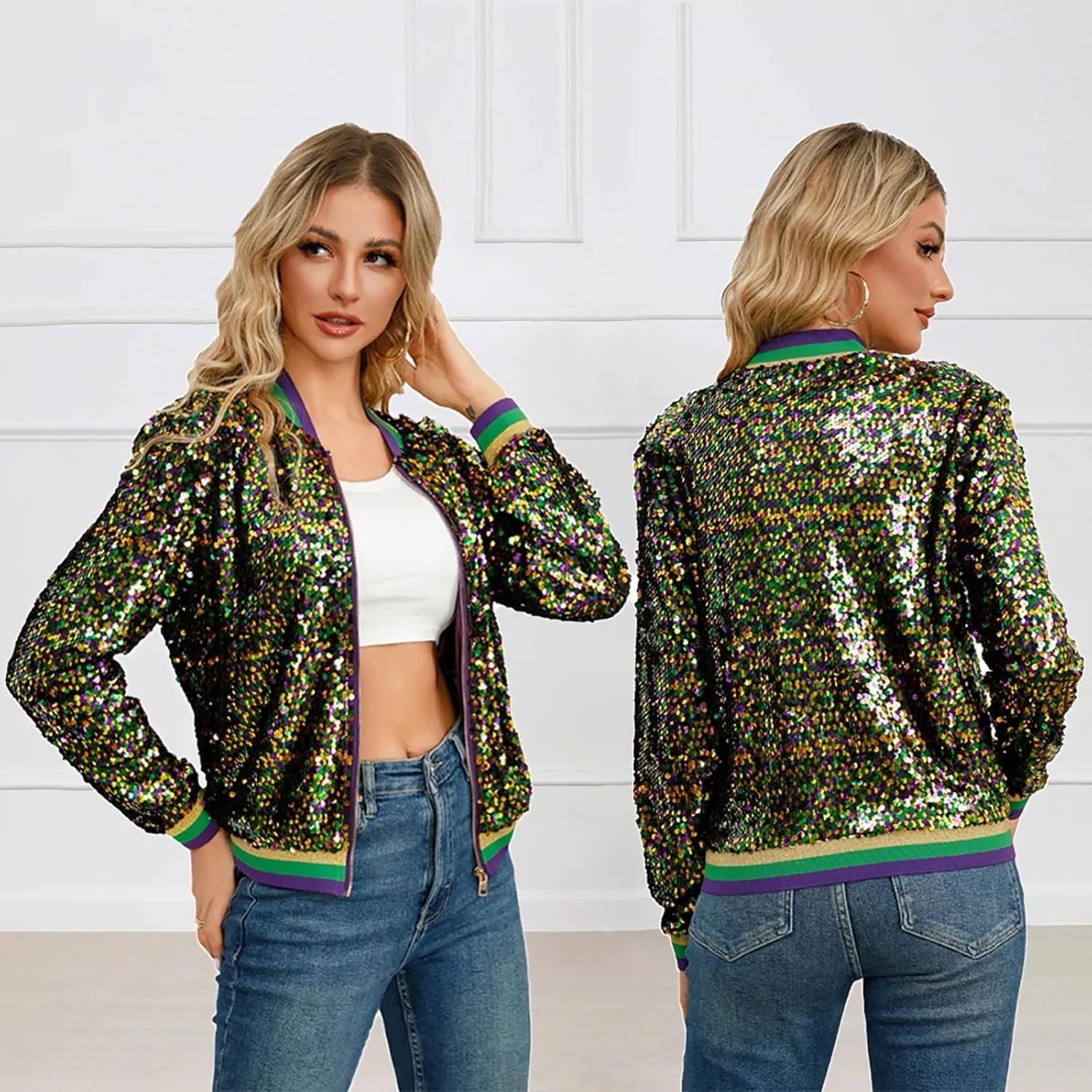 Sequin Bomber Jacket for Women Casual Long Sleeve Zip Up Cardigan Top Shiny Sparkle Mardi Gras Party Festival Outfits
