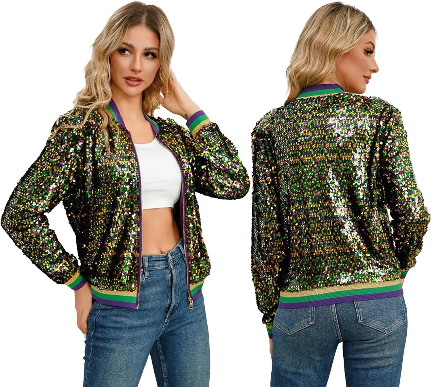 Sequin Bomber Jacket for Women Casual Long Sleeve Zip Up Cardigan Top Shiny Sparkle Mardi Gras Party Festival Outfits