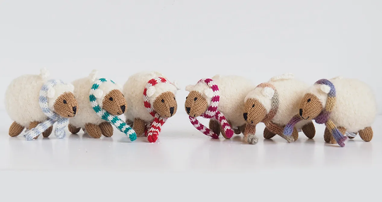 Set Of 6 Hand Knit Sheep in Scarfs Christmas Ornaments, Fair Trade