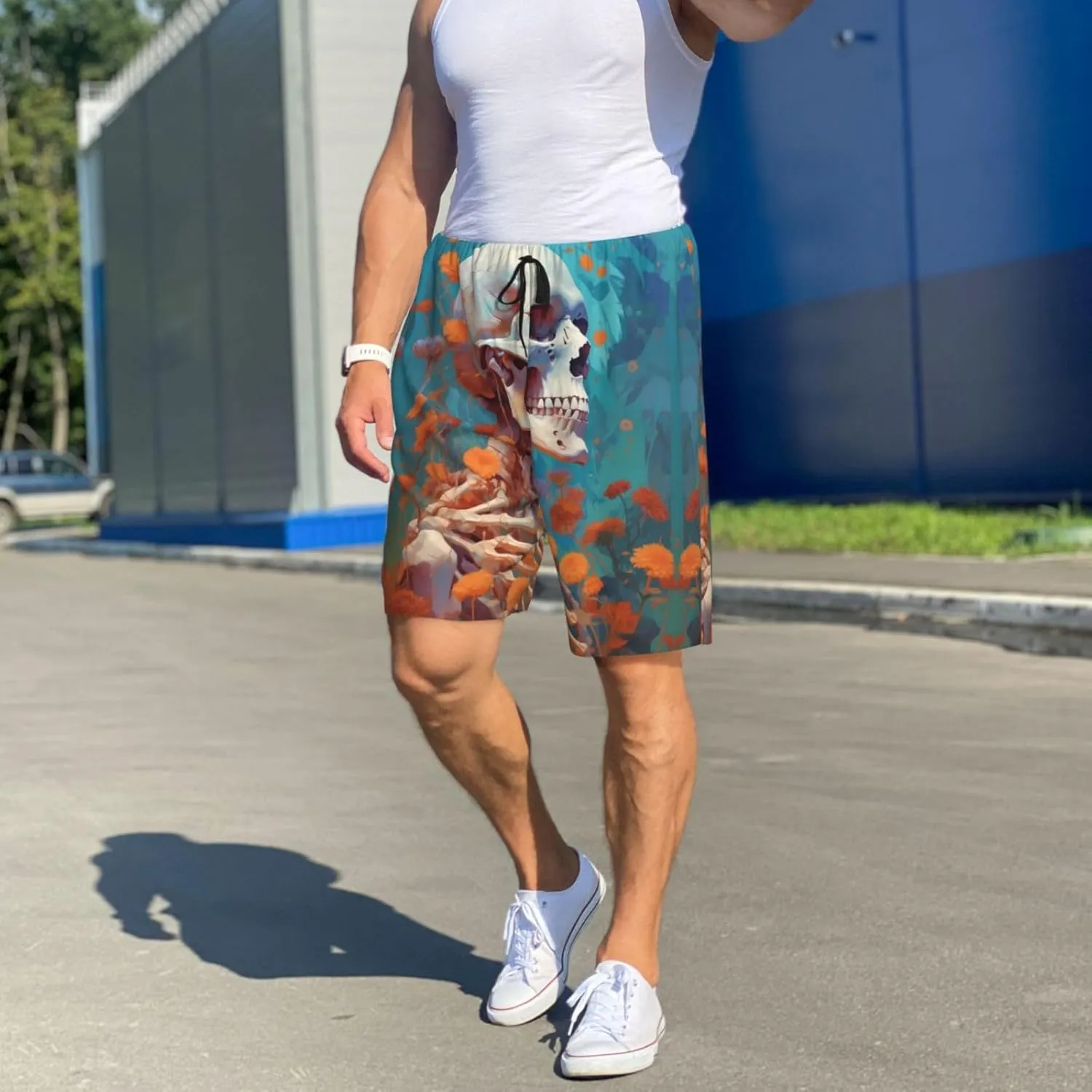 VOSERY mens pajama pants - Artistic Orange Carnation Skull Comfy Sleep Shorts Mens Pajama shorts, mens lounge shorts pj pants