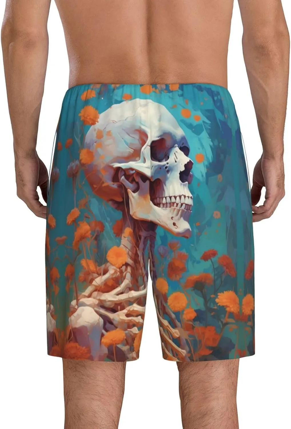 VOSERY mens pajama pants - Artistic Orange Carnation Skull Comfy Sleep Shorts Mens Pajama shorts, mens lounge shorts pj pants