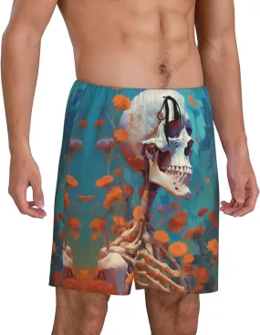VOSERY mens pajama pants - Artistic Orange Carnation Skull Comfy Sleep Shorts Mens Pajama shorts, mens lounge shorts pj pants