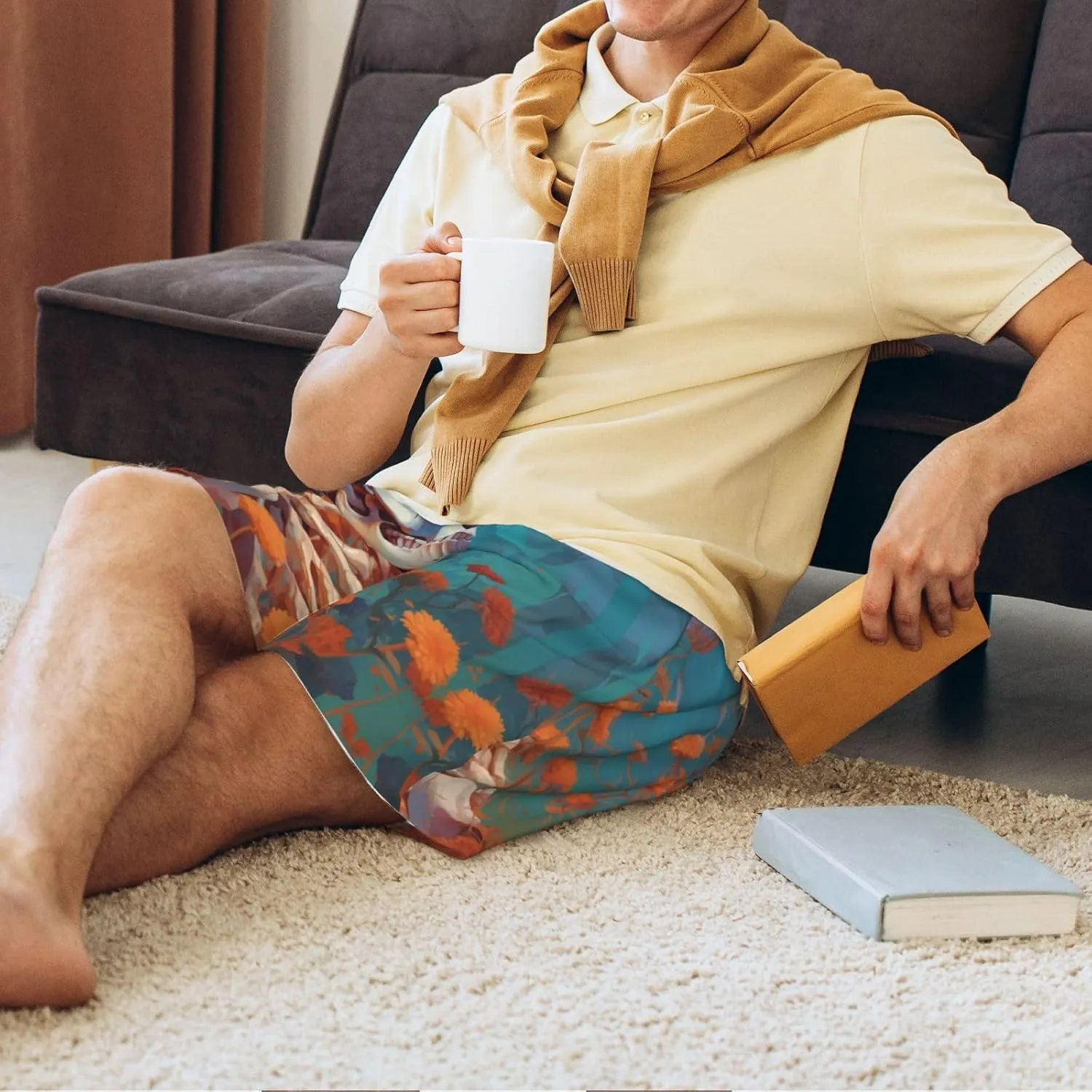VOSERY mens pajama pants - Artistic Orange Carnation Skull Comfy Sleep Shorts Mens Pajama shorts, mens lounge shorts pj pants
