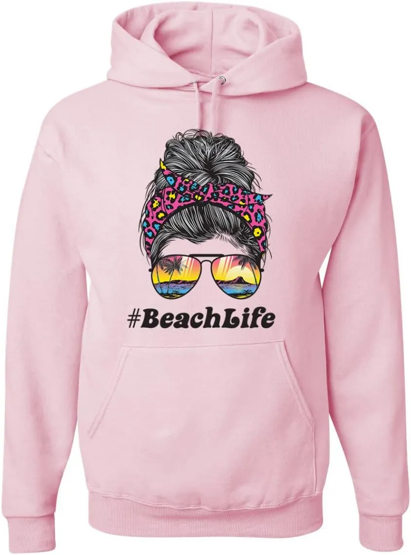Wild Bobby Messy Bun #BeachLife | Cool Neon Leopard Print Bandana | Sunglasses Beach Fashion Unisex Graphic Hoodie Sweatshirt