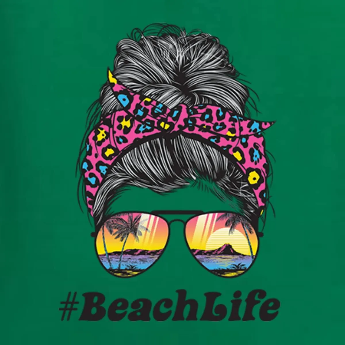 Wild Bobby Messy Bun #BeachLife | Cool Neon Leopard Print Bandana | Sunglasses Beach Fashion Unisex Graphic Hoodie Sweatshirt
