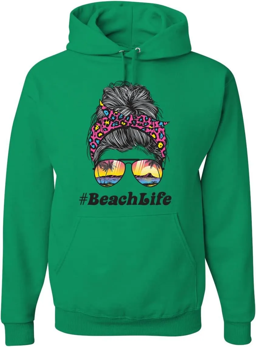 Wild Bobby Messy Bun #BeachLife | Cool Neon Leopard Print Bandana | Sunglasses Beach Fashion Unisex Graphic Hoodie Sweatshirt