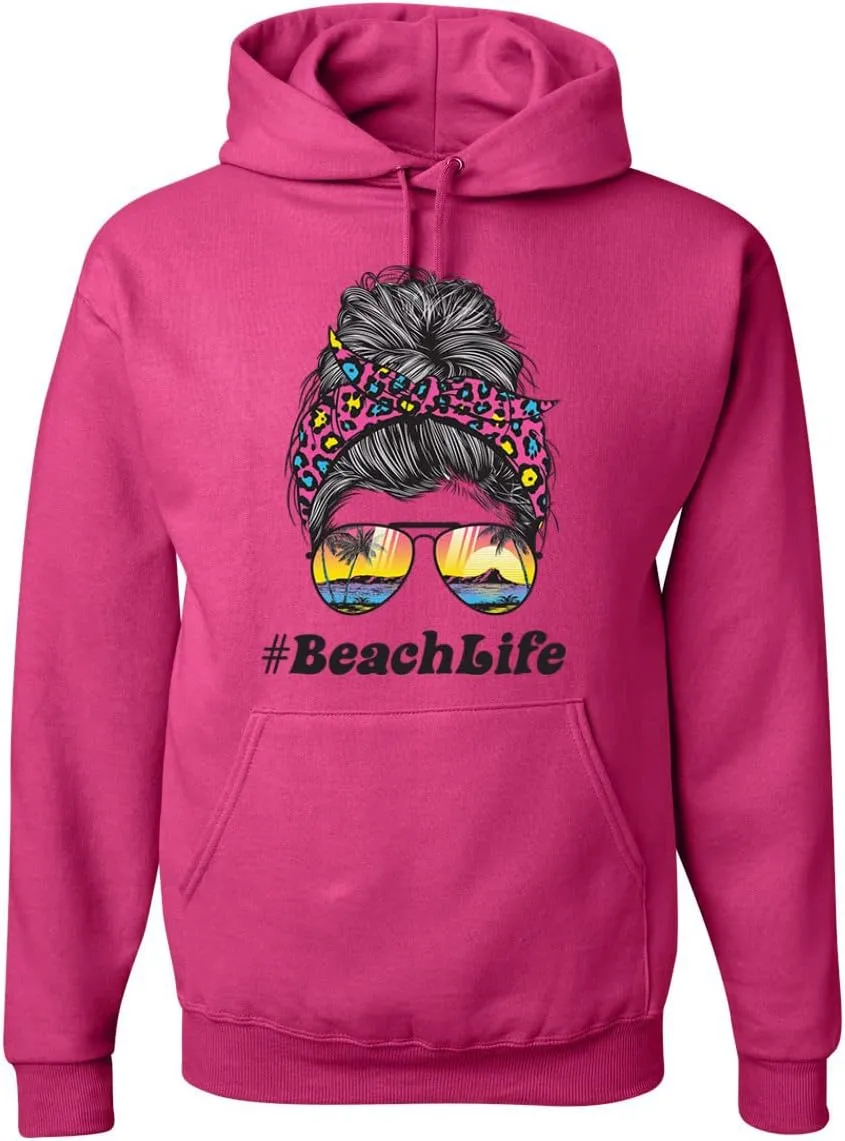 Wild Bobby Messy Bun #BeachLife | Cool Neon Leopard Print Bandana | Sunglasses Beach Fashion Unisex Graphic Hoodie Sweatshirt