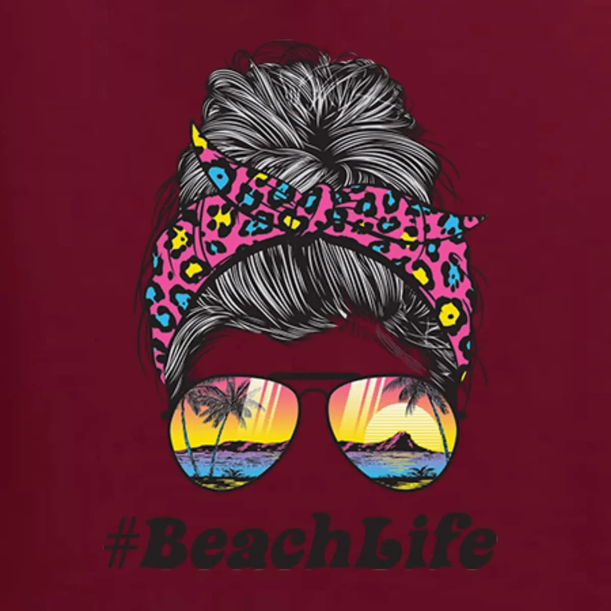 Wild Bobby Messy Bun #BeachLife | Cool Neon Leopard Print Bandana | Sunglasses Beach Fashion Unisex Graphic Hoodie Sweatshirt