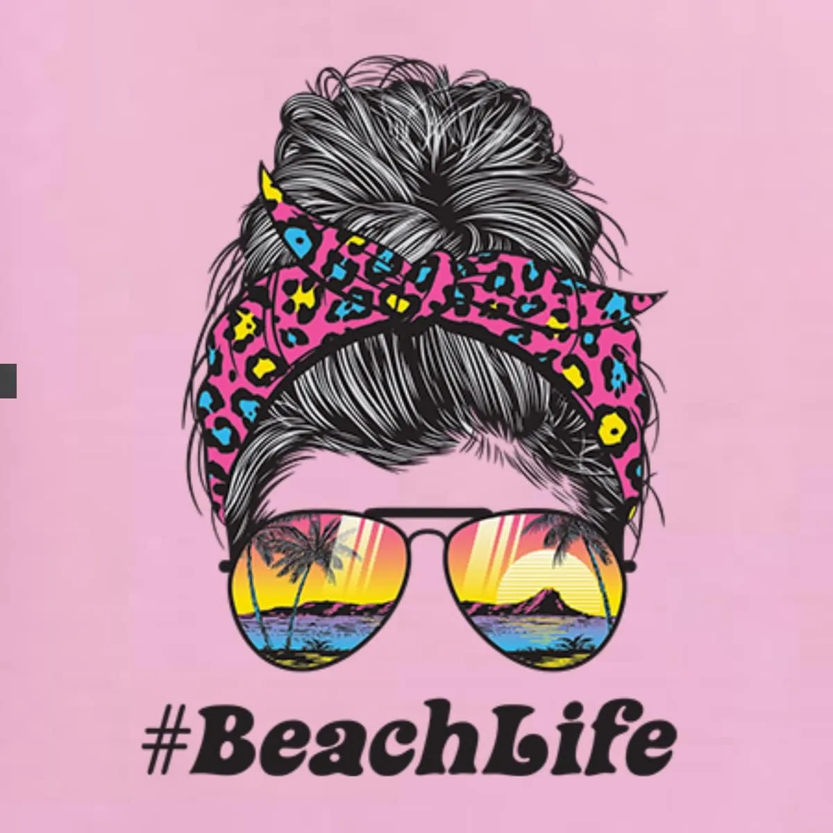 Wild Bobby Messy Bun #BeachLife | Cool Neon Leopard Print Bandana | Sunglasses Beach Fashion Unisex Graphic Hoodie Sweatshirt
