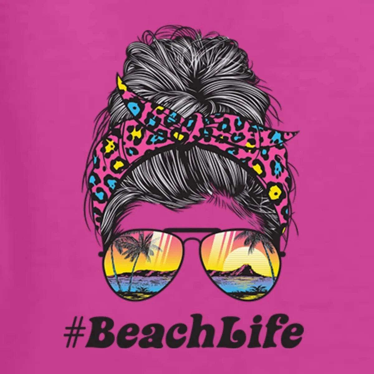 Wild Bobby Messy Bun #BeachLife | Cool Neon Leopard Print Bandana | Sunglasses Beach Fashion Unisex Graphic Hoodie Sweatshirt