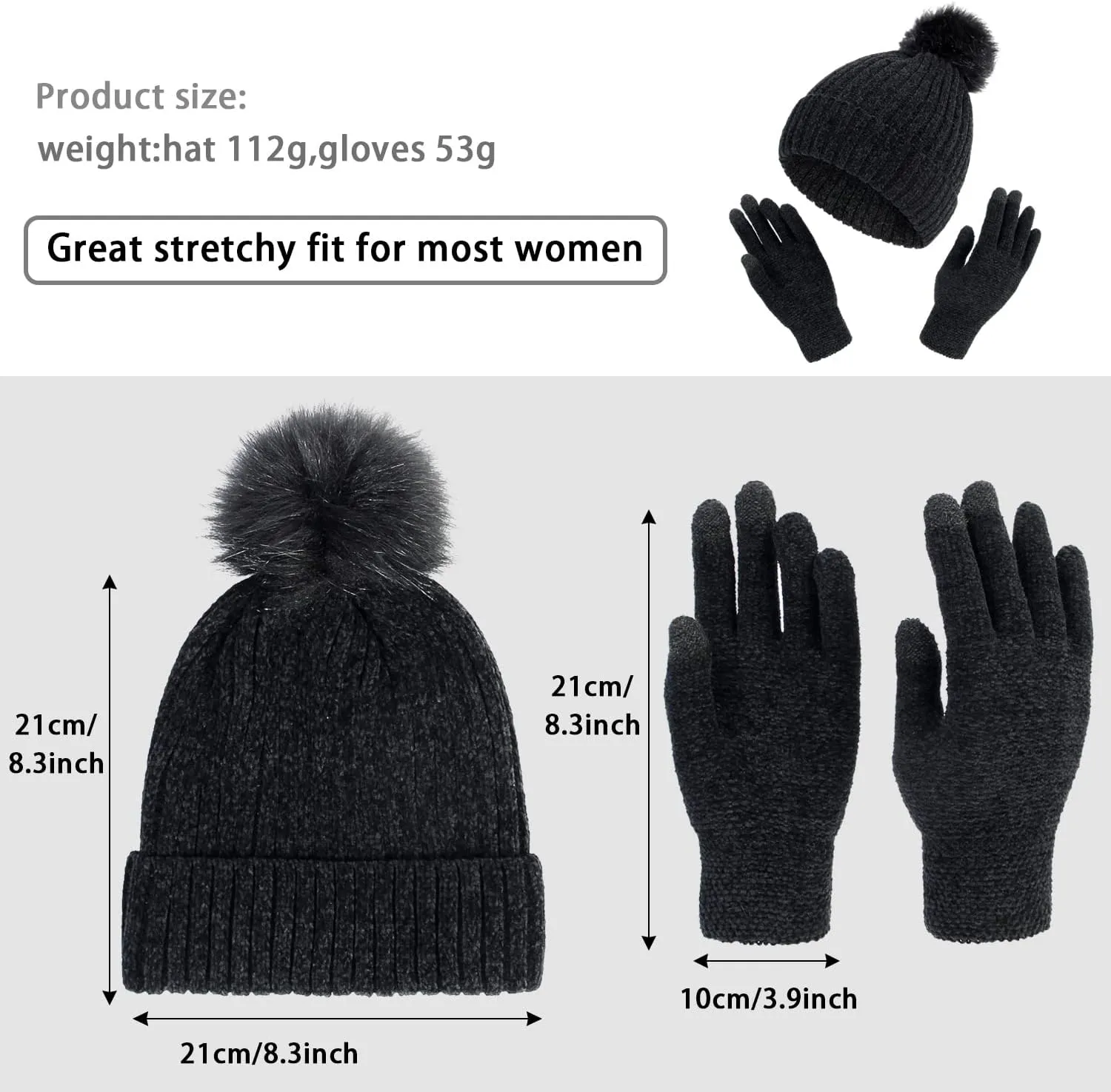 Winter Warm Beanie Hat Gloves Set, Winter Knit Hat and Touch Screen Gloves Set, Chenille Wool Hat Gloves for Women