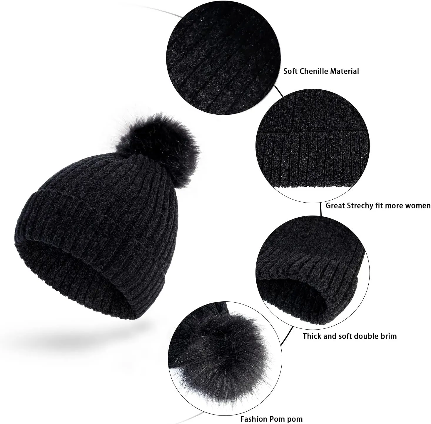 Winter Warm Beanie Hat Gloves Set, Winter Knit Hat and Touch Screen Gloves Set, Chenille Wool Hat Gloves for Women