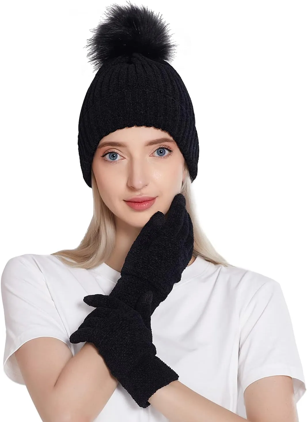 Winter Warm Beanie Hat Gloves Set, Winter Knit Hat and Touch Screen Gloves Set, Chenille Wool Hat Gloves for Women