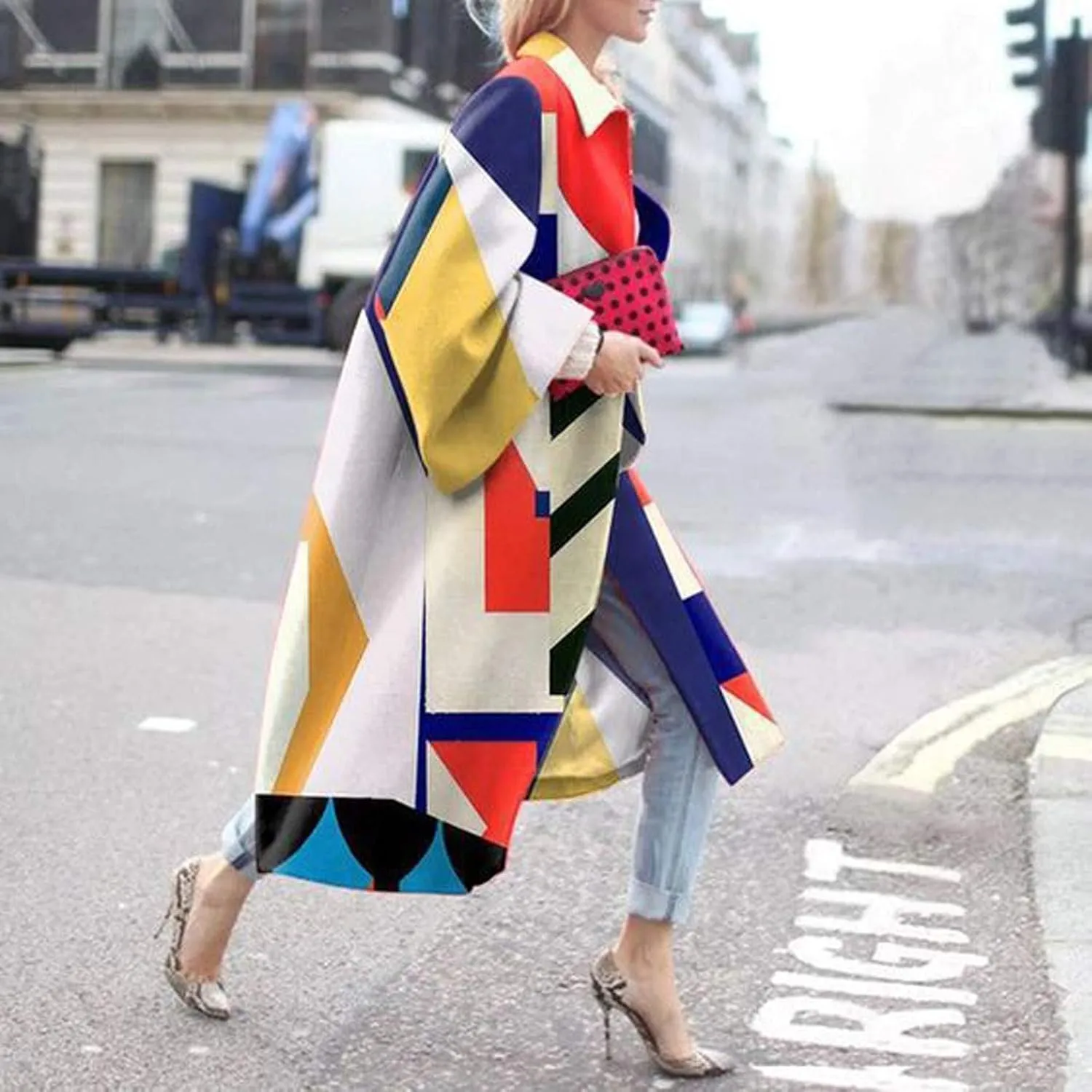 Womens Oversized Trench Coat Fall Winter Trendy Loose Fit Overcoat Bell Sleeve Casual Notch Collar Printed Long Coat