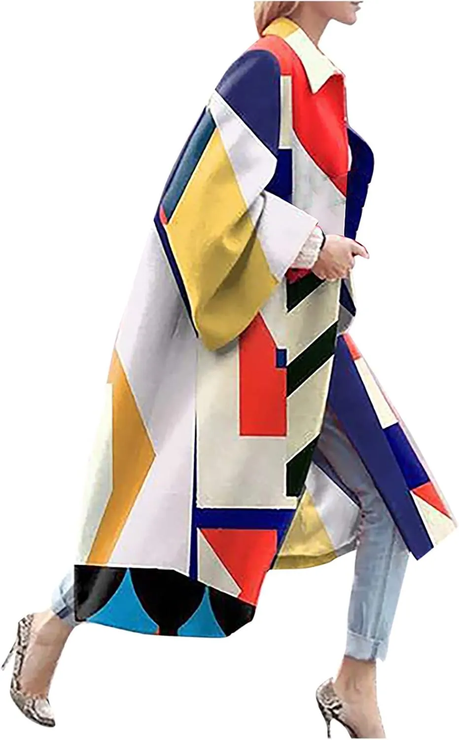 Womens Oversized Trench Coat Fall Winter Trendy Loose Fit Overcoat Bell Sleeve Casual Notch Collar Printed Long Coat