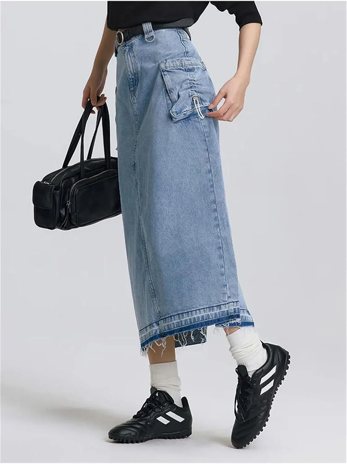 Women's Spring Fringed Long Jean Skirt Workwear Style Drawstring Slit Straight Skirt Vintage Denim Dress