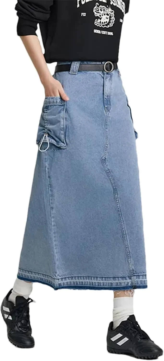 Women's Spring Fringed Long Jean Skirt Workwear Style Drawstring Slit Straight Skirt Vintage Denim Dress