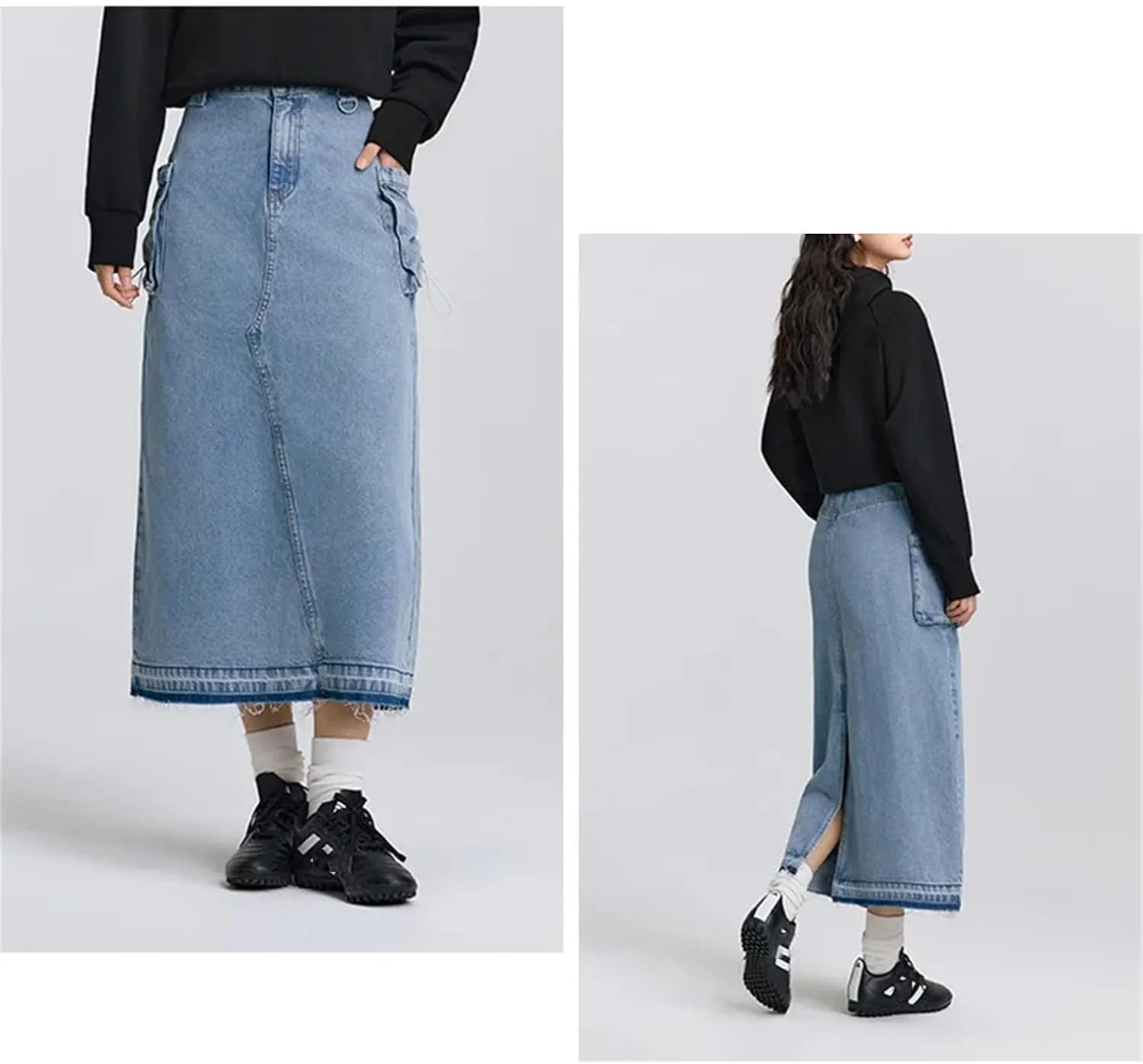 Women's Spring Fringed Long Jean Skirt Workwear Style Drawstring Slit Straight Skirt Vintage Denim Dress