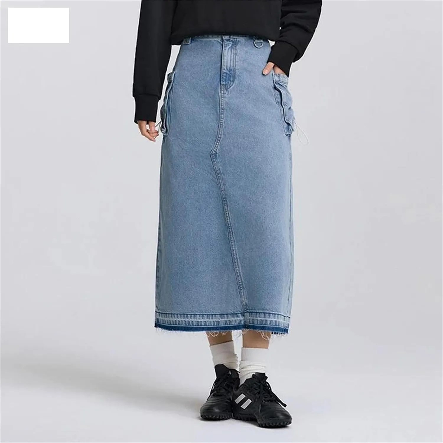 Women's Spring Fringed Long Jean Skirt Workwear Style Drawstring Slit Straight Skirt Vintage Denim Dress