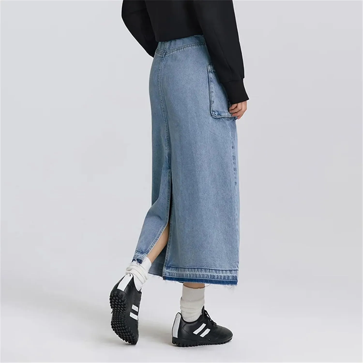 Women's Spring Fringed Long Jean Skirt Workwear Style Drawstring Slit Straight Skirt Vintage Denim Dress