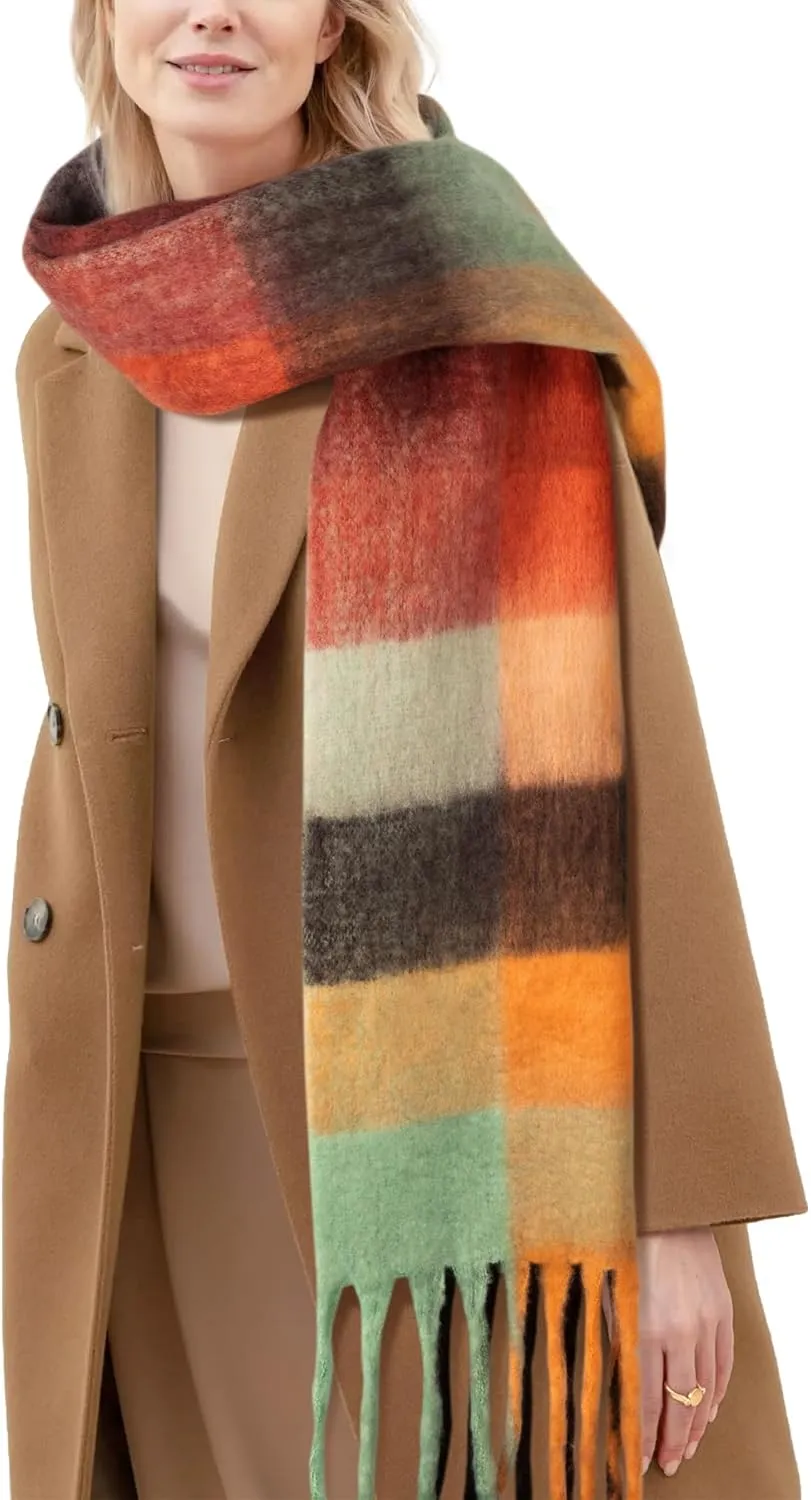 YSense Womens Winter Scarf Chunky Plaid Oversized Scarf Big Casual Tassel Thick Blanket Scarf Coloured Warm Shawl Wrap
