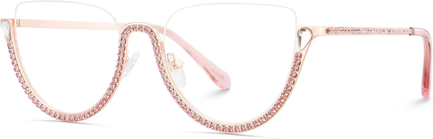 Zeelool Half Frame Cat Eye Glasses With Shiny Diamonds Sparkle ZJGM219641
