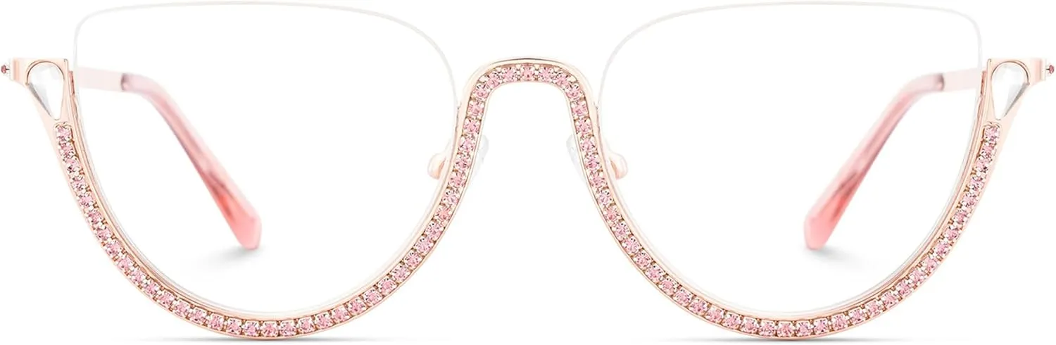 Zeelool Half Frame Cat Eye Glasses With Shiny Diamonds Sparkle ZJGM219641