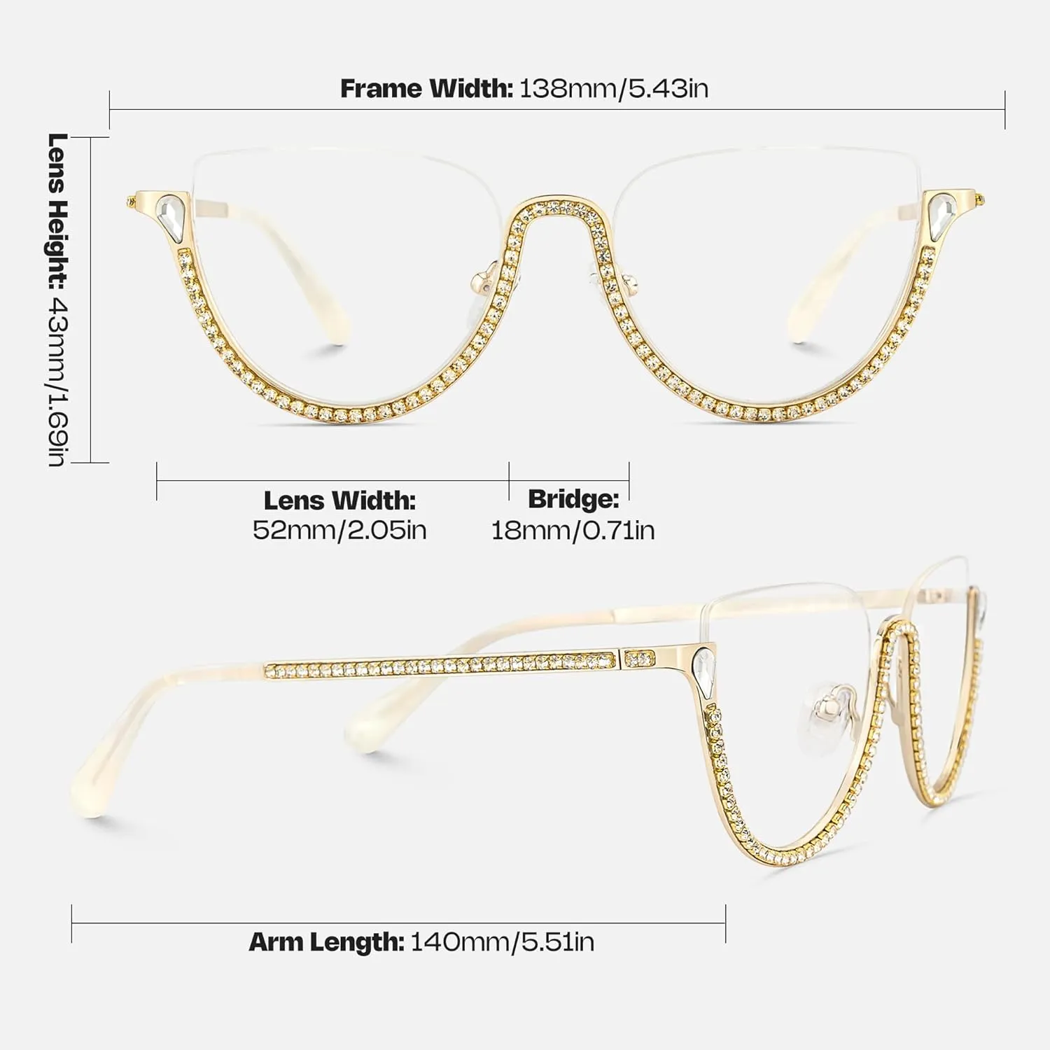 Zeelool Half Frame Cat Eye Glasses With Shiny Diamonds Sparkle ZJGM219641