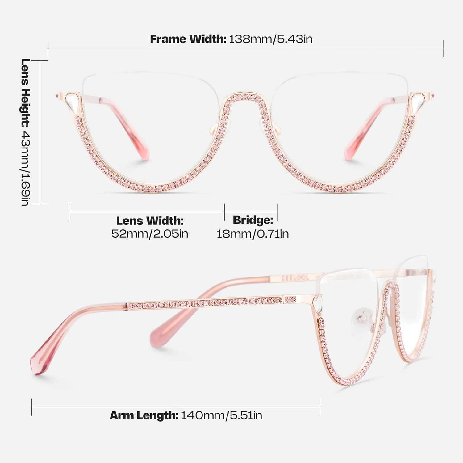 Zeelool Half Frame Cat Eye Glasses With Shiny Diamonds Sparkle ZJGM219641