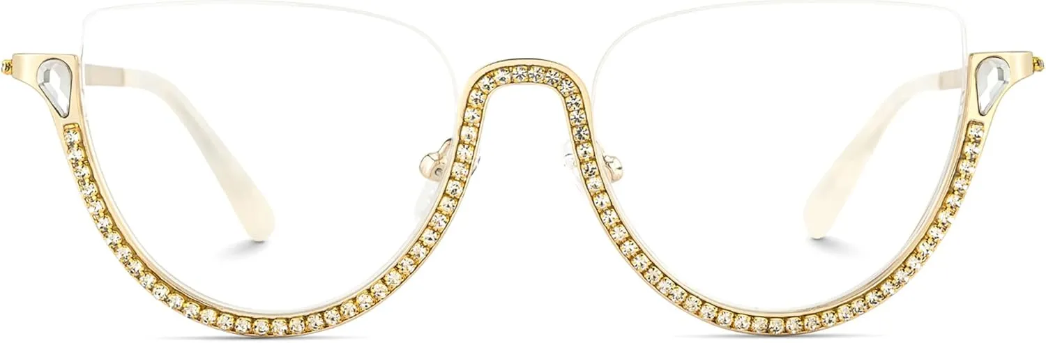 Zeelool Half Frame Cat Eye Glasses With Shiny Diamonds Sparkle ZJGM219641
