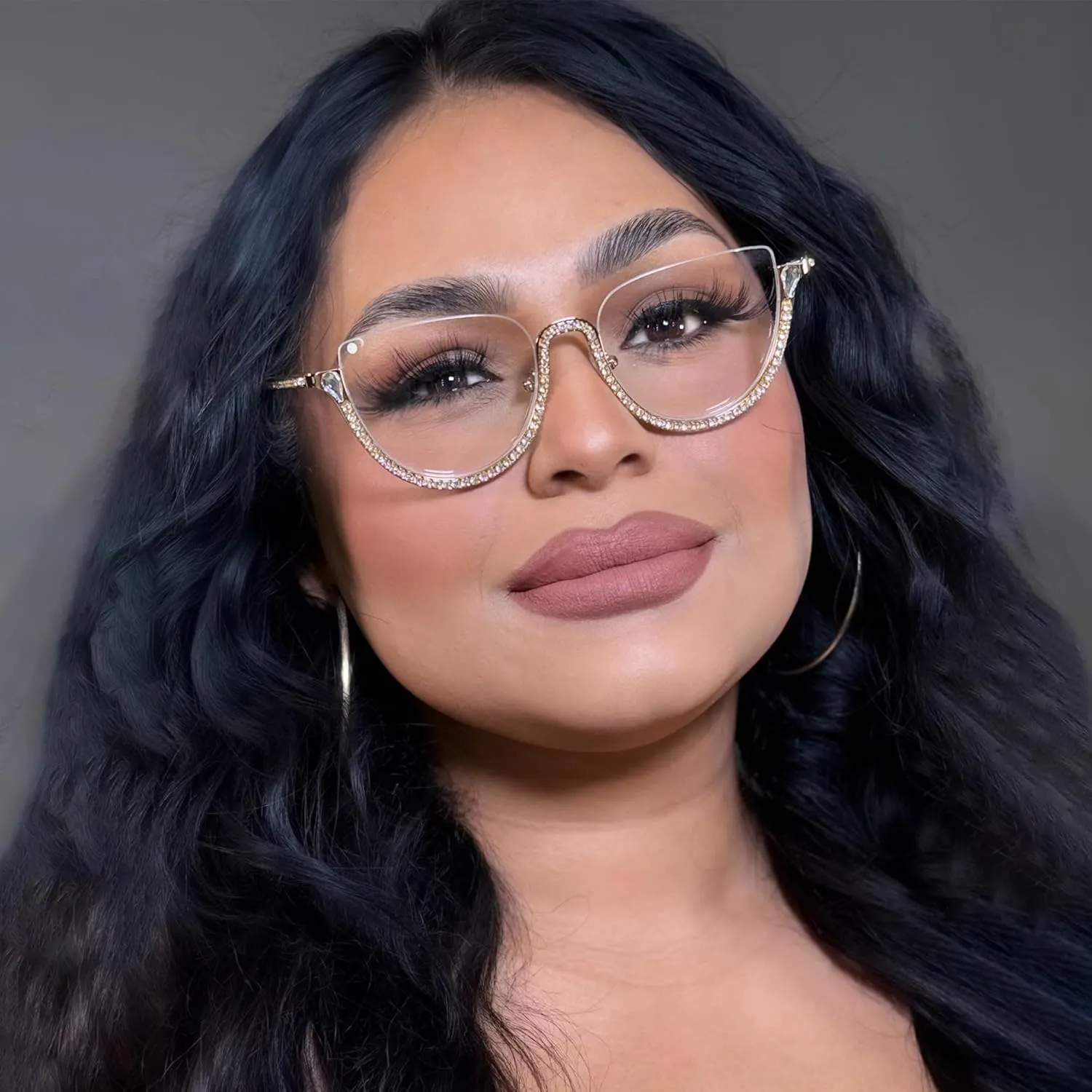Zeelool Half Frame Cat Eye Glasses With Shiny Diamonds Sparkle ZJGM219641