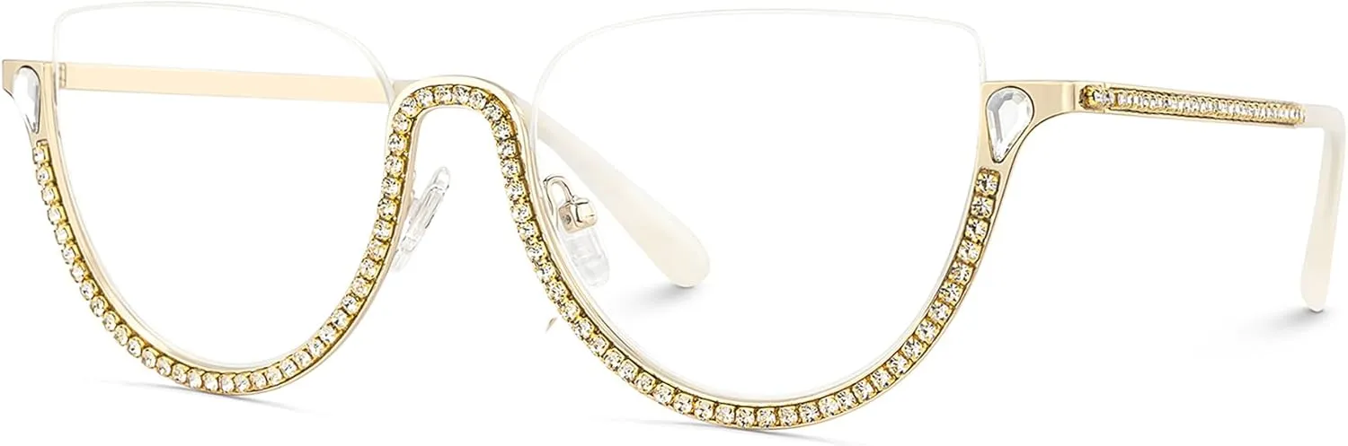 Zeelool Half Frame Cat Eye Glasses With Shiny Diamonds Sparkle ZJGM219641