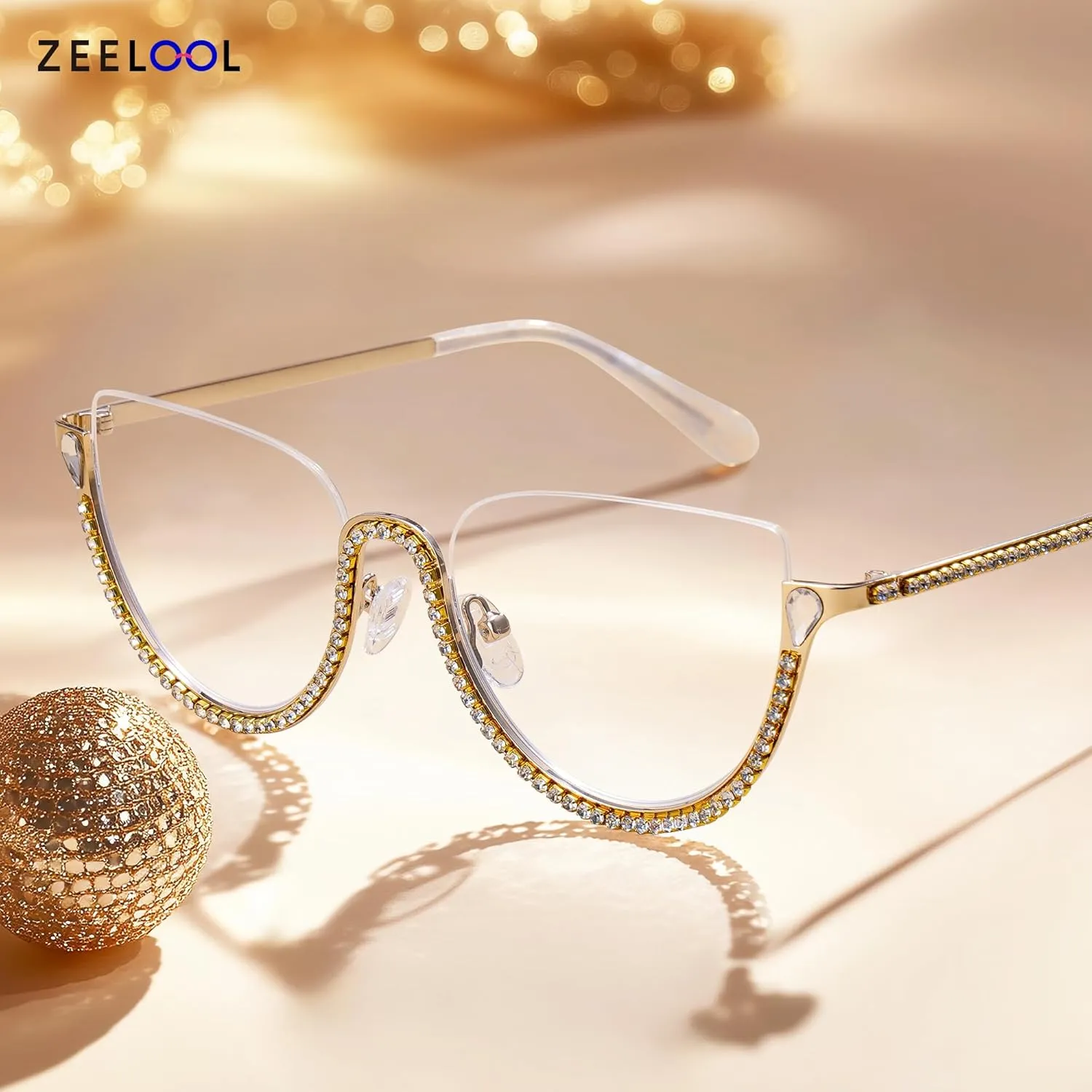 Zeelool Half Frame Cat Eye Glasses With Shiny Diamonds Sparkle ZJGM219641